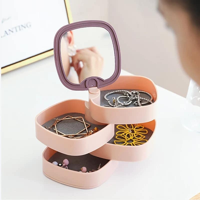 Rotatable 4 Layer Jewelry Storage With Mirror